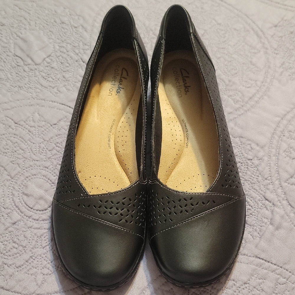Clarks Black Leather Flats with Perforated Design